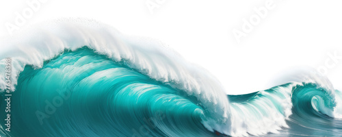 Tsunami tidal wave with sea foam, storm, ocean. Png isolated on transparent background. Teal and white water splash