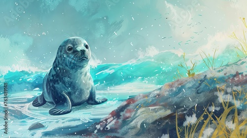 painted cute baby seal,water