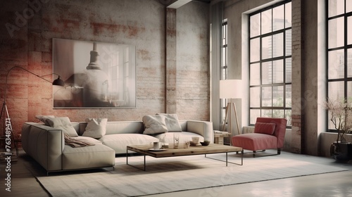 an industrial styled living room in the style of light red and light beige