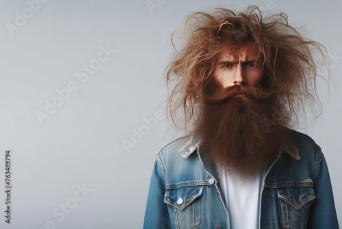 An overgrown man with long hair and a long beard. Space for text.