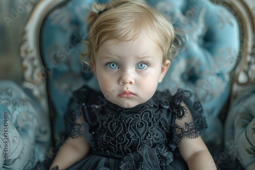 Little Girl in Black Dress on Blue Chair