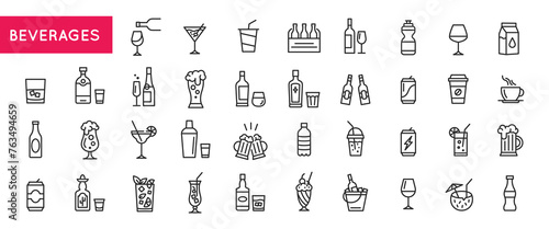Black outline icons of beverages including water, alcohol, carbonated drinks, juice, milk, and others for use on websites, mobile apps, and promo materials. Vector illustration 