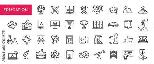 Outline icons of education, studying and science. Includes human brain, fields of study, graduation, school, university and knowledge. Designed for web, mobile, promo materials. Vector illustration.