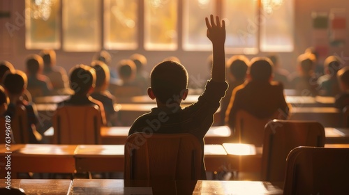 A cinematic image showing a confident child raising his hand to answer a question in class.