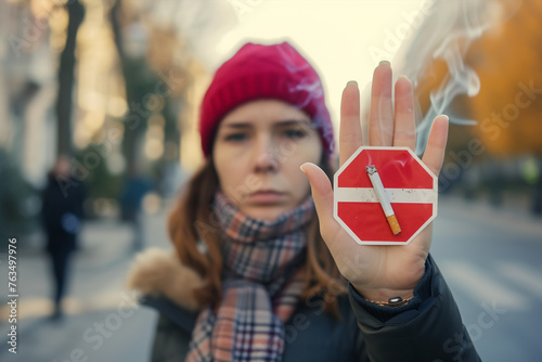 Woman showing stop sign with hand and refusing to take cigarette