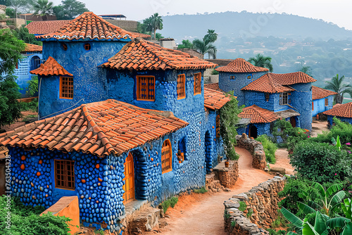 Artistic depiction of an African village with traditional mud houses, rendered in a unique blue style, capturing the essence of rural African life.