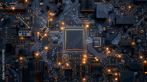 top view microchip and circuit circuit. cpu motherboard digital chip technology background.