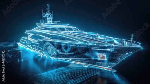 AI in yacht design optimizing performance and luxury features, highlighted with neon blueprints