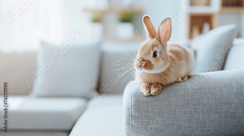 Cute little bunny on the sofa posing to the camera on blurred modern home background, copy space on empty sofa, slow life with pet lifestyle, modern Easter backgrounds.