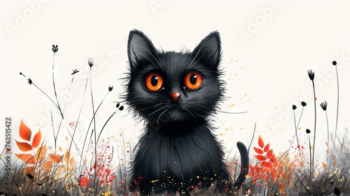 Black cat with bright yellow eyes in clipart style background canvas texture. Concept: superstitions related to luck, themed cards, printed products and web graphics.