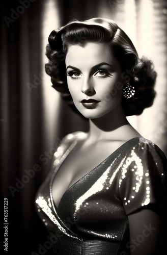 Step back in time with this captivating black and white portrait of a vintage Hollywood starlet