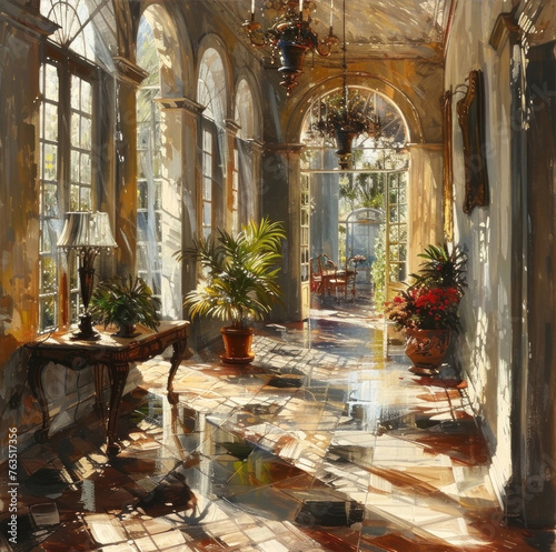 Sunlight bathes a classic conservatory in warmth, casting shimmering reflections on tiled floors. Elegance frozen in time. Download this serene backdrop. Interior Design. Generated AI.