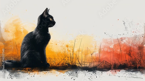 Black cat with bright yellow eyes in clipart style background canvas texture. Concept: superstitions related to luck, themed cards, printed products and web graphics