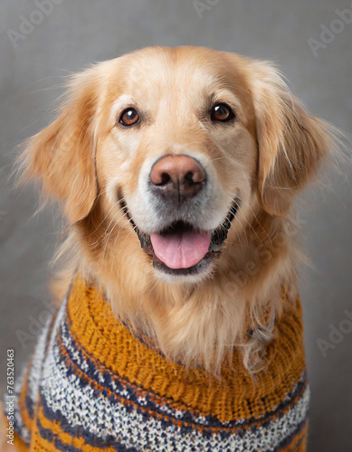 Lächelnder fröhlicher Golden Retriever Hund mit warmen Pullover aus Wolle