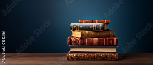 Stack of antique books on a wooden table against a dark blue background.Classic literature and reading concept. Banner for World Book Day event with copy space. 