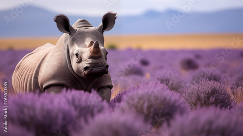 Rinoceronte em um campo de lavanda - Papel de parede