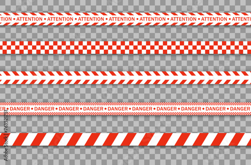 Realistic red barricade tape. Police warning line. Danger or hazard stripe. Under construction sign. Vector illustration.