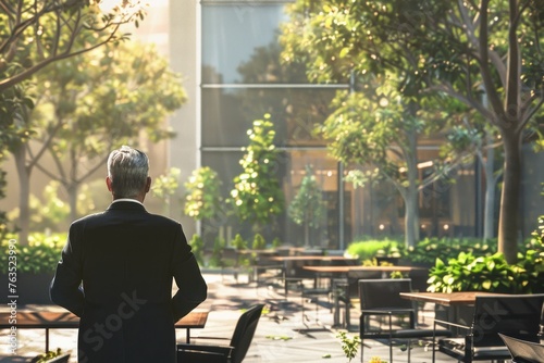 A man in a suit is standing in front of a building with a large window. The scene is set in a park with several tables and chairs, and the man is looking at something