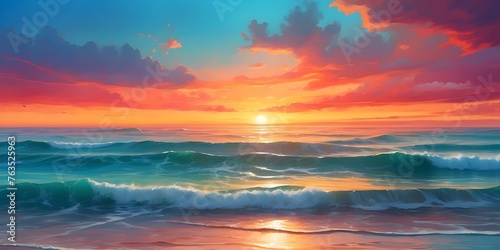Vibrant sunset over a tranquil ocean horizon, generative AI