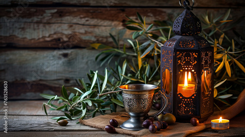 Ramadan Kareem still life. Ornamental lantern with burning candle and Turkish silver . Generative Ai