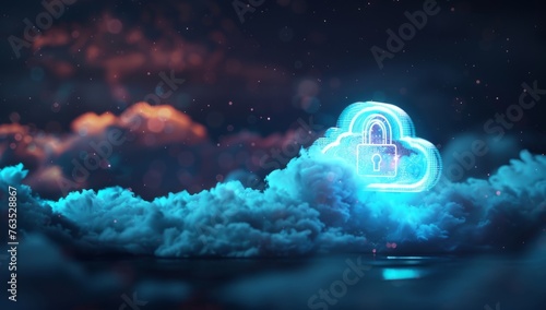 A glowing blue cloud with a padlock icon floating above it on a dark background, symbolizing security in the digital world of data Generative AI