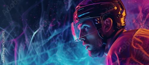 Close-up portrait of a hockey player in a helmet on an ultraviolet background.