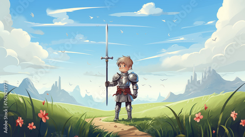 Cavaleiro de armadura no campo - Ilustração infantil