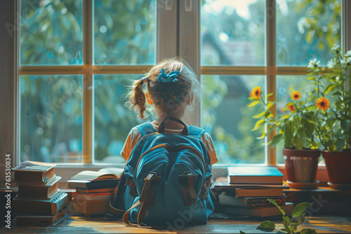 A cute child opining School bag and books on wooden table with school elements in front of window