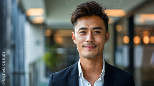 Portrait of a happy smiling handsome professional Asian Japanese businessman manager standing in his modern business company office in a blue suit.