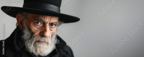 portrait of an old jewish man or rabbi with long beard and hat, glasses, free copy space for text