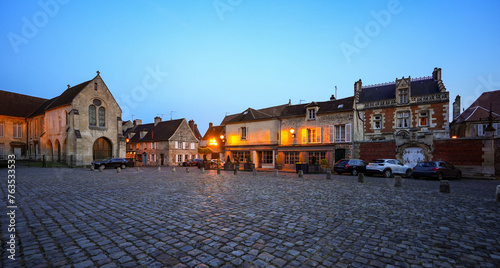 Panoramic view of the Place Notre-Dame ("Our Lady's Square") at sunset in the medieval city center of Senlis in Oise, Picardie, France