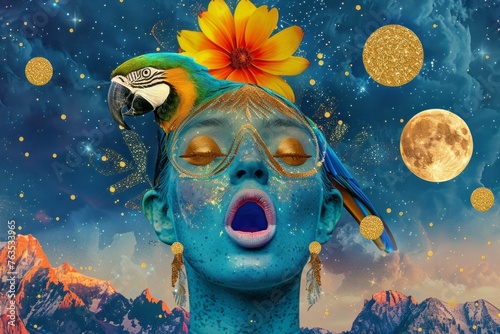 Captivating artwork showcasing a vibrant macaw and a flower with a full moon and mountainous landscape