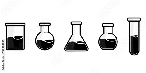 Vector drawing of glass tubes, flasks for chemical experiments. Glass flask for alchemy, magic drinks. A set of flasks for the design of magical rituals.