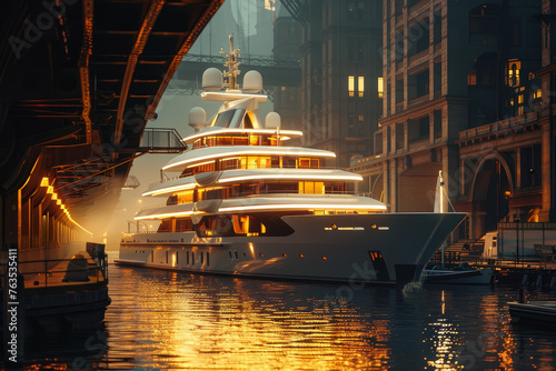 A luxury yacht anchored in a harbor, the warm light creating a contrast between the modern yacht and the traditional architecture