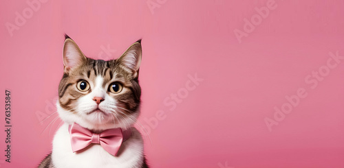 Astonished Cute Cat with a pink bow tie on a pink background with text space, cat banner for holiday events, and New Year cards. Generative AI. V-1