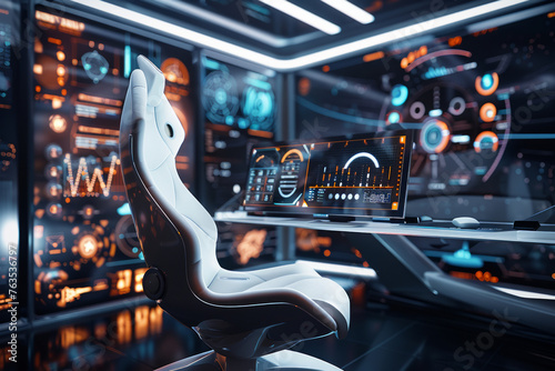 Cutting-edge Space Technology Research Center with holographic projections of spaceships and data charts. Perfect for conveying futuristic technology and innovation.