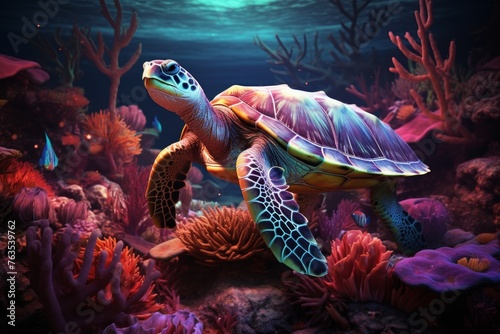 Majestic sea turtle gracefully gliding through the vibrant underwater world of colorful coral reefs