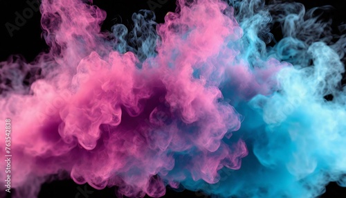 a cloud of smoke fills the frame with pink and blue colors blending together the background is a black surface