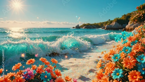 Vibrant beach scene: Golden sands, azure waters, and lush tropical flowers, capturing the essence of a dreamy summer getaway.