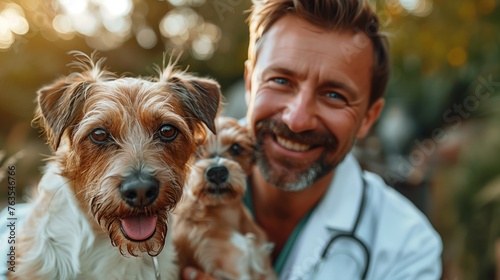 Veterinarian man with a cute dog in his arms, pets and care