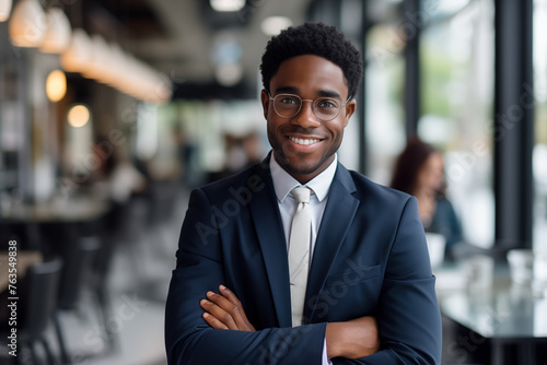 Smiling black businessman in suit. Man in work clothes. Rich man. Business boss. Boss of a start-up. Black man. Africa man. African country.AI.