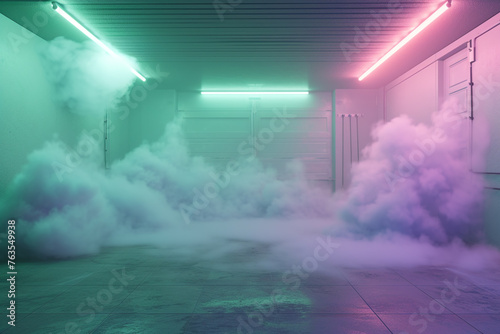 A tranquil and soothing combination of pale green and soft lavender smoke, forming a peaceful gradient in a 3D-rendered garage with ambient lighting