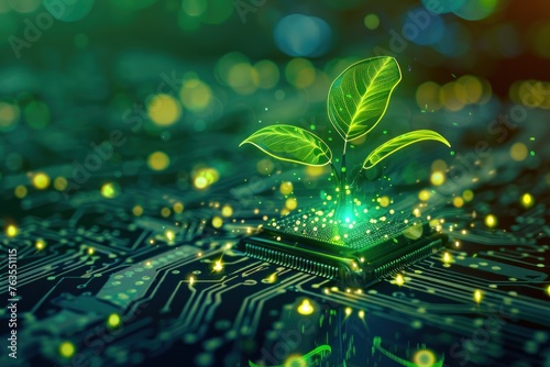 A green leaf is growing on top of a computer chip. Concept of growth and innovation, as the leaf represents nature and the computer chip represents technology