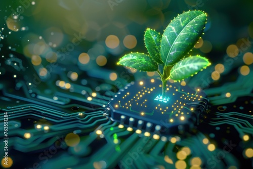 A green leaf is growing on top of a computer chip. Concept of innovation and technology, as well as the potential for growth and development in the field of electronics