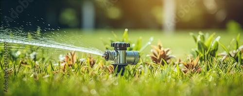 Watering the lawn at green park with sprinkler automatic device.