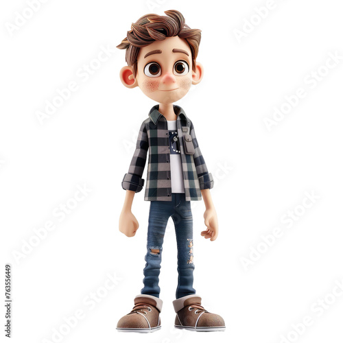 A cartoon boy with a plaid shirt and jeans stands in front of a white background