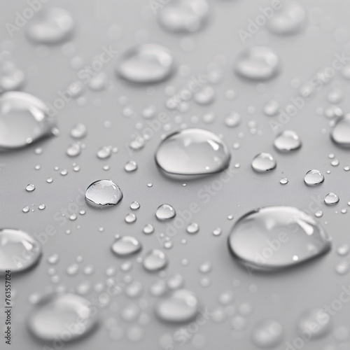 A captivating close-up view of water droplets poised delicately on a sleek gray backdrop, embodying purity and tranquility