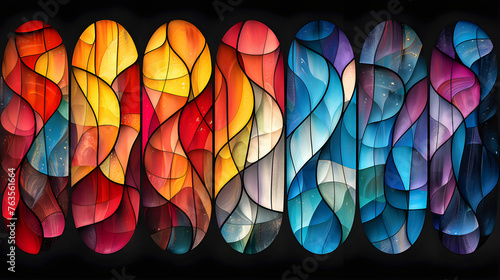 Colorful stained glass window. Vibrant hues of red, blue, yellow, orange, and purple form an mosaic of overlapping and intertwining elements against black background