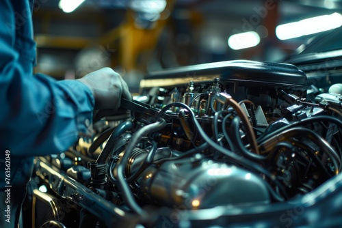 A close-up view of a mechanic expertly servicing a shiny car engine, showcasing precision and expertise in automotive maintenance