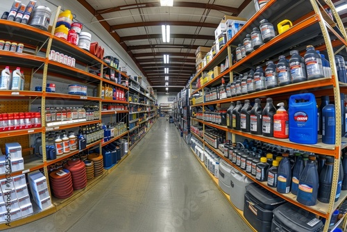 Panoramic view of an auto parts store filled with various automotive maintenance products and accessories on neatly arranged shelves